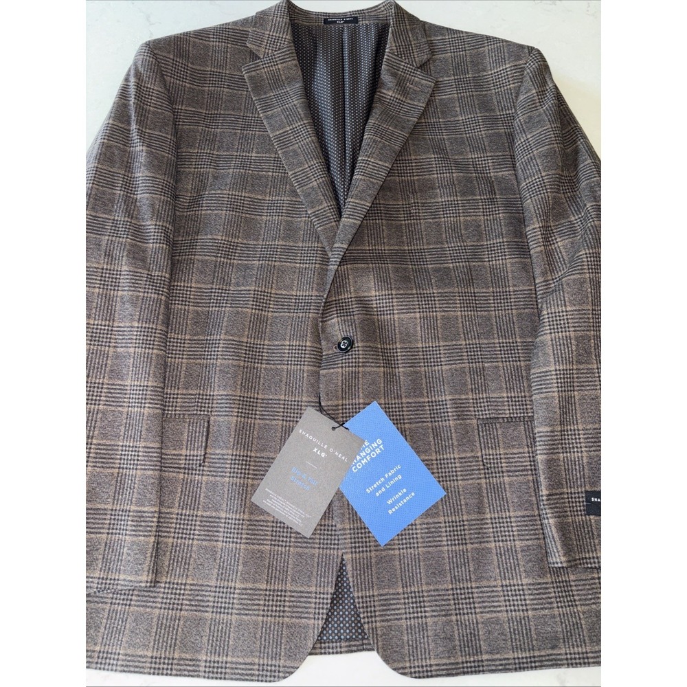 Shaquille ONeal Blazer Mens 50R Brown Plaid Sport Coat Jacket Stretch Windowpane
